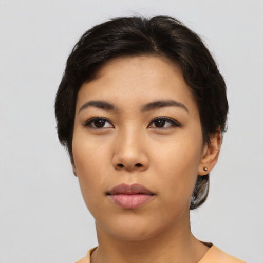 Neutral asian young-adult female with short  black hair and brown eyes