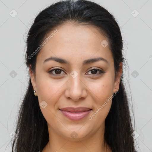 Joyful latino young-adult female with long  brown hair and brown eyes