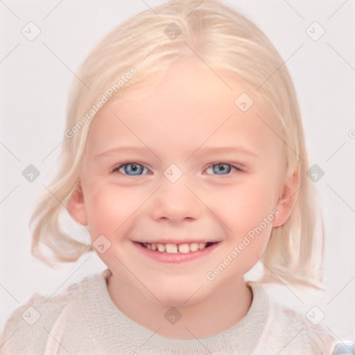 Joyful white child female with medium  blond hair and blue eyes