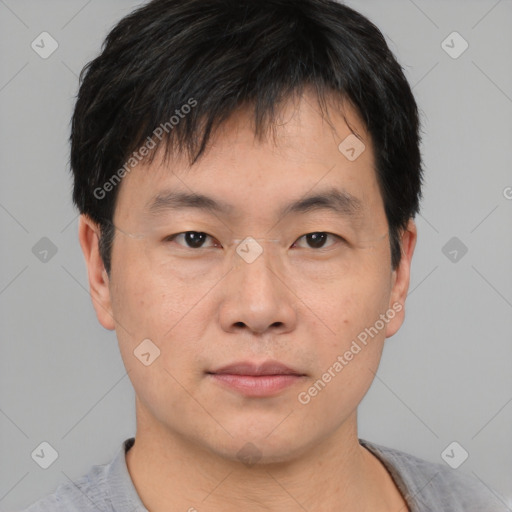 Neutral asian young-adult male with short  black hair and brown eyes