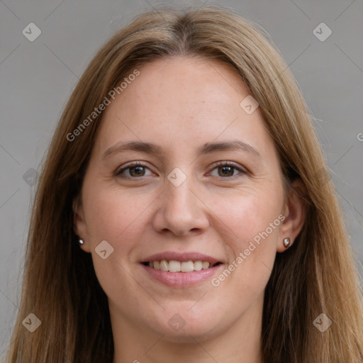 Joyful white young-adult female with long  brown hair and grey eyes