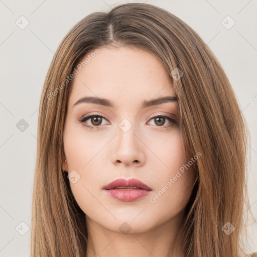 Neutral white young-adult female with long  brown hair and brown eyes