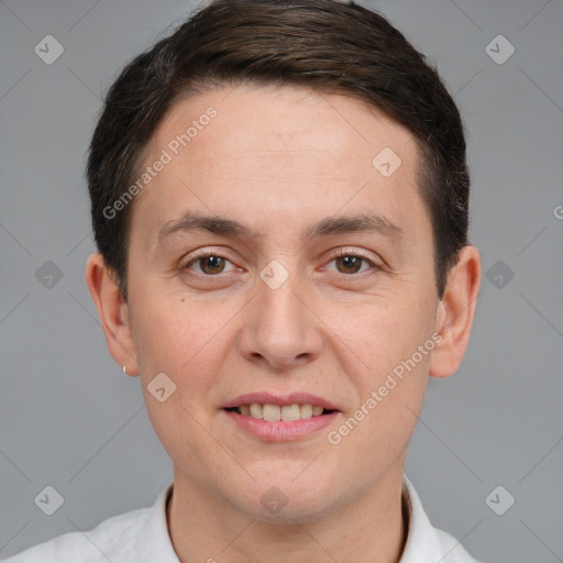 Joyful white adult male with short  brown hair and brown eyes