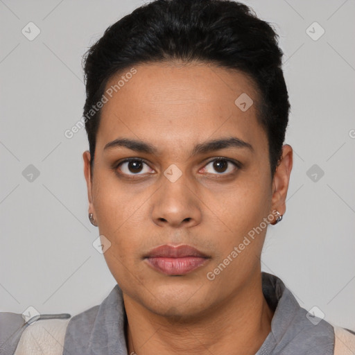 Neutral latino young-adult male with short  black hair and brown eyes