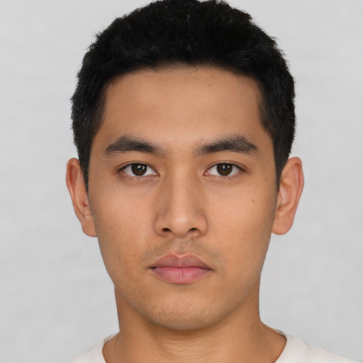 Neutral asian young-adult male with short  black hair and brown eyes