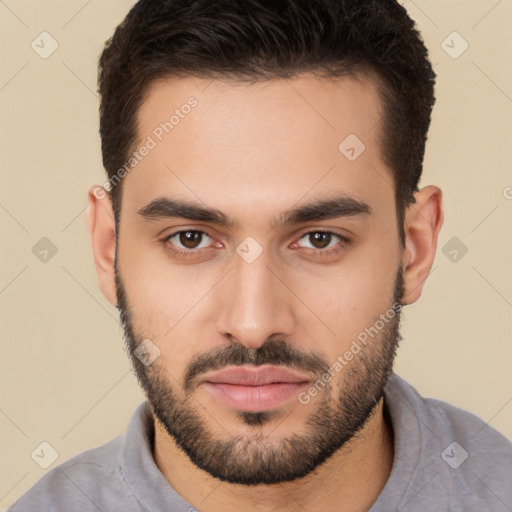 Neutral white young-adult male with short  brown hair and brown eyes