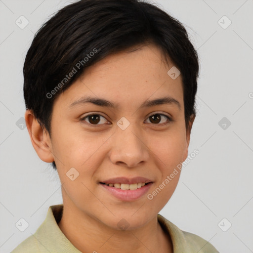 Joyful white young-adult female with short  brown hair and brown eyes