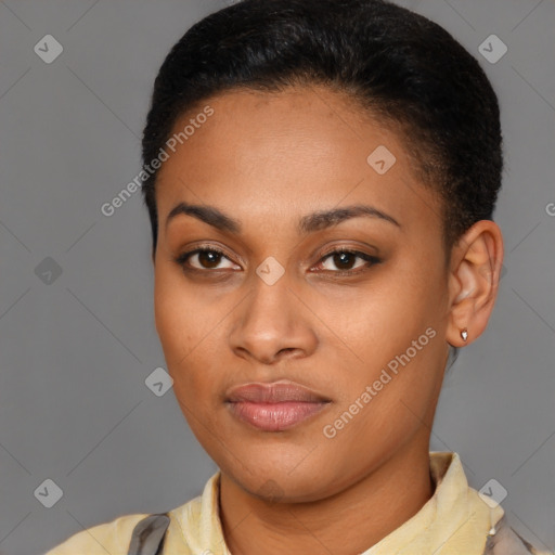 Joyful latino young-adult female with short  brown hair and brown eyes