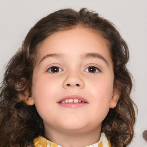 Joyful white child female with medium  brown hair and brown eyes