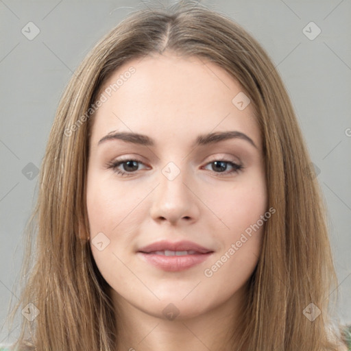 Neutral white young-adult female with long  brown hair and brown eyes