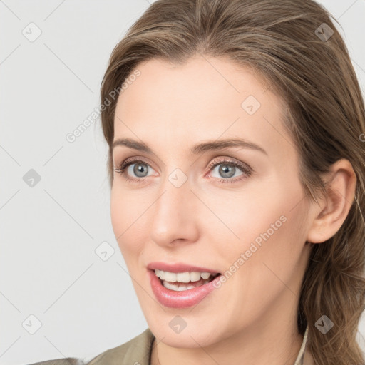 Joyful white young-adult female with long  brown hair and grey eyes