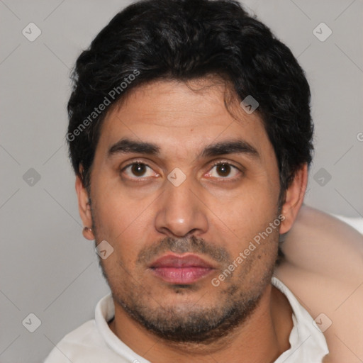 Neutral latino young-adult male with short  black hair and brown eyes