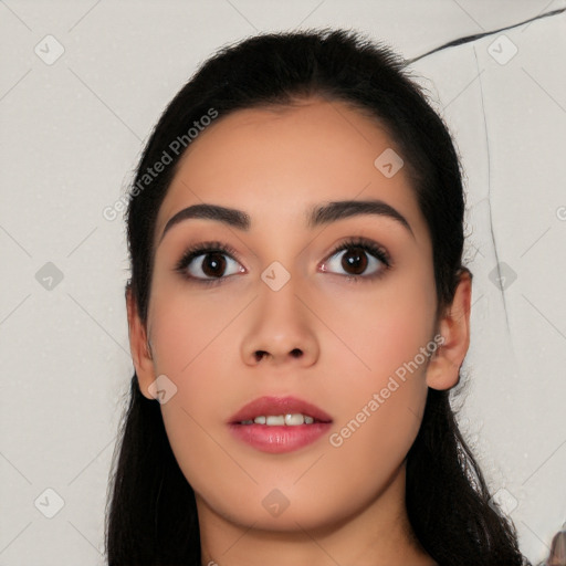 Neutral latino young-adult female with long  black hair and brown eyes