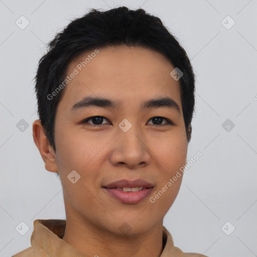 Joyful asian young-adult male with short  black hair and brown eyes