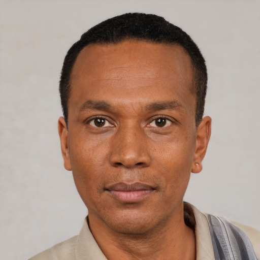Neutral black adult male with short  black hair and brown eyes