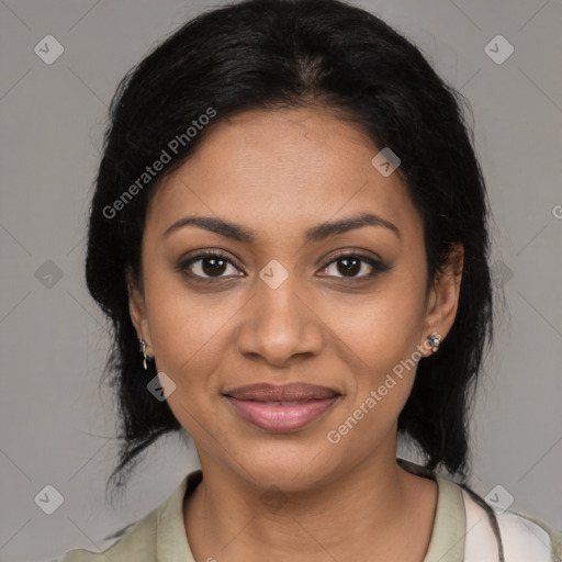 Joyful latino young-adult female with medium  black hair and brown eyes