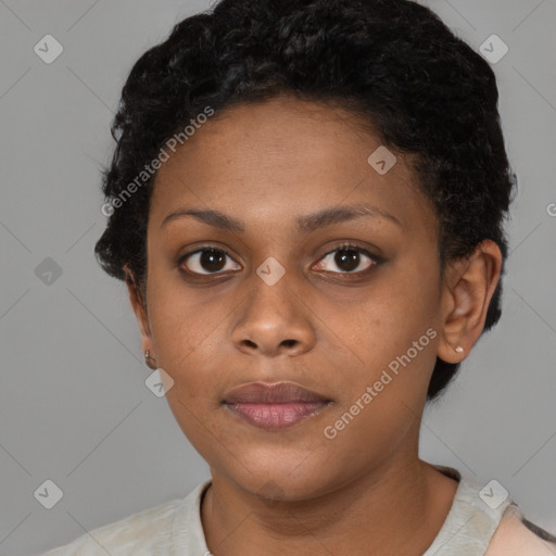 Neutral black young-adult female with short  black hair and brown eyes