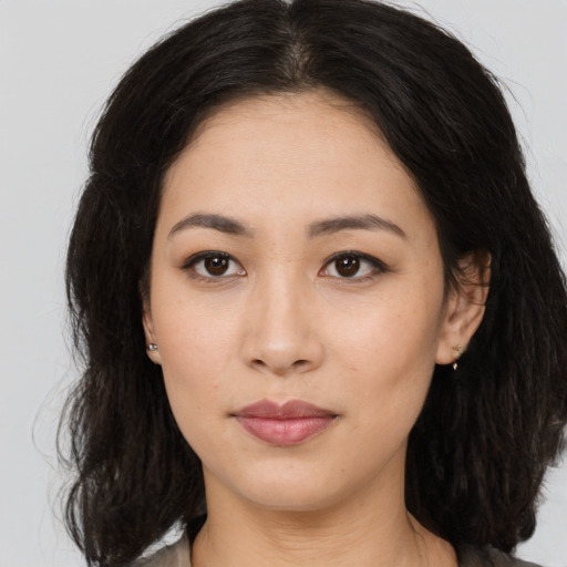 Neutral asian young-adult female with long  brown hair and brown eyes