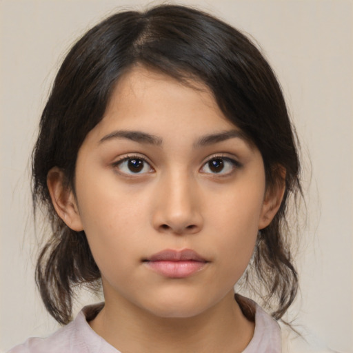 Neutral latino young-adult female with medium  brown hair and brown eyes