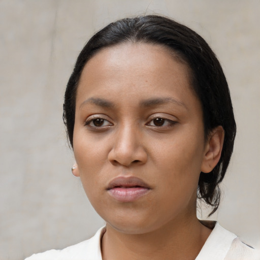 Neutral asian young-adult female with medium  black hair and brown eyes