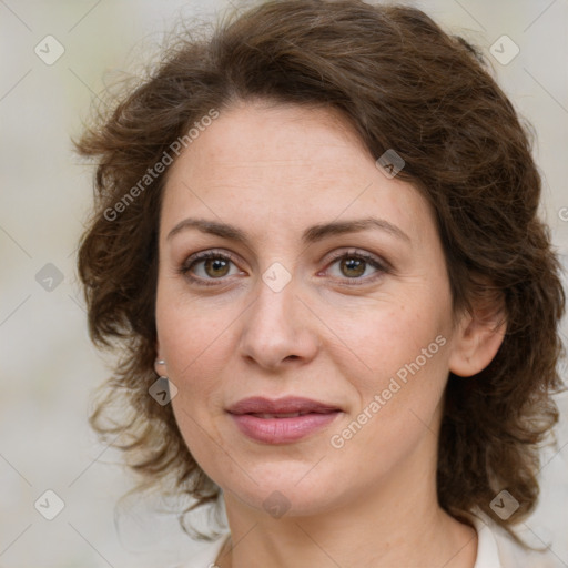 Joyful white young-adult female with medium  brown hair and green eyes