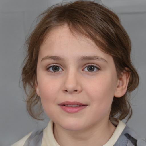 Joyful white child female with medium  brown hair and brown eyes