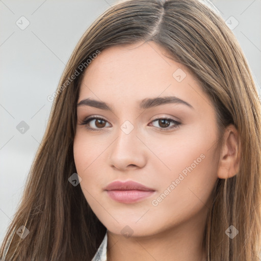 Neutral white young-adult female with long  brown hair and brown eyes