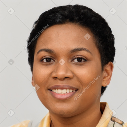 Joyful latino young-adult female with short  black hair and brown eyes