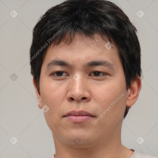 Neutral asian young-adult male with short  brown hair and brown eyes