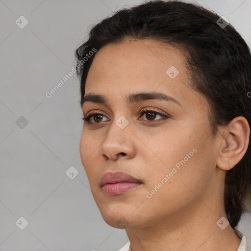 Neutral white young-adult female with short  black hair and brown eyes