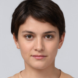 Neutral white young-adult female with short  brown hair and brown eyes