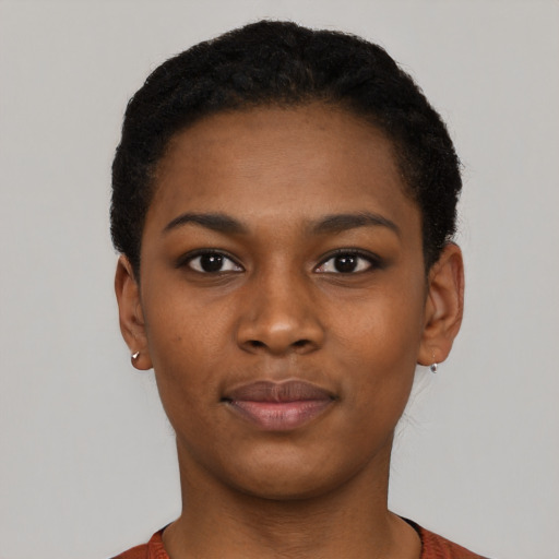 Neutral black young-adult female with short  black hair and brown eyes