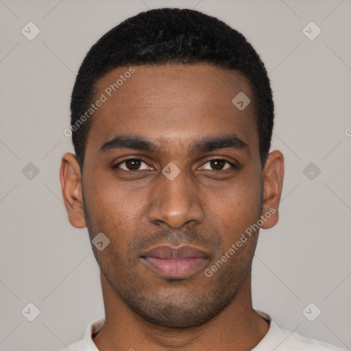 Neutral black young-adult male with short  black hair and brown eyes