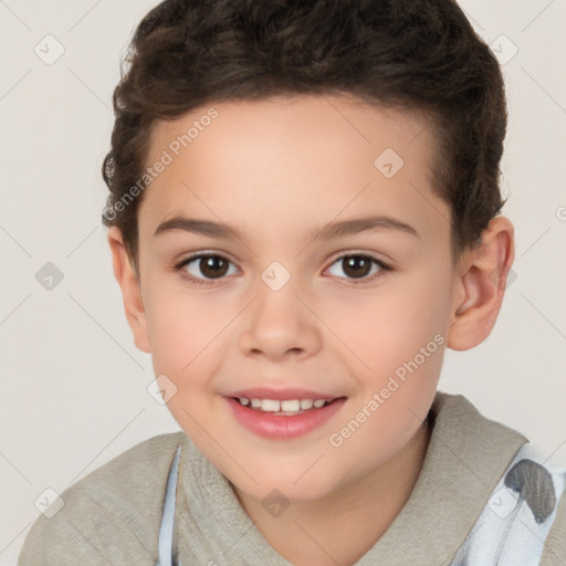 Joyful white child female with short  brown hair and brown eyes