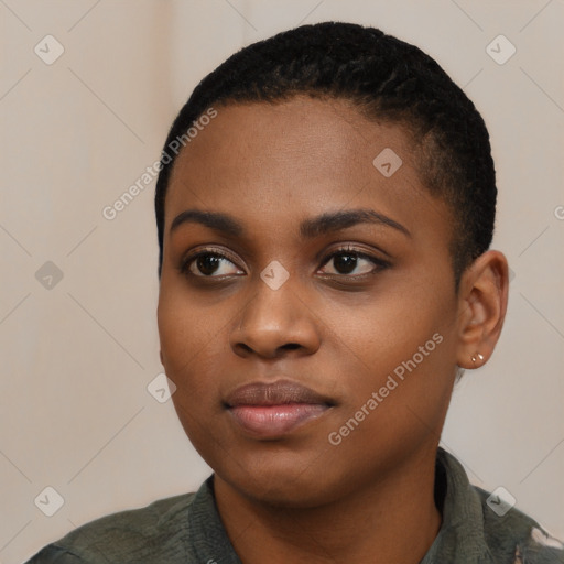 Neutral black young-adult female with short  black hair and brown eyes
