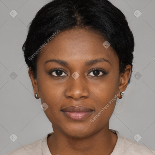 Joyful asian young-adult female with short  black hair and brown eyes