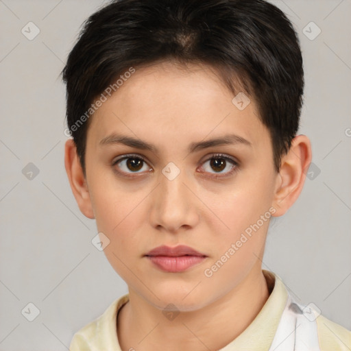 Neutral white young-adult female with short  brown hair and brown eyes