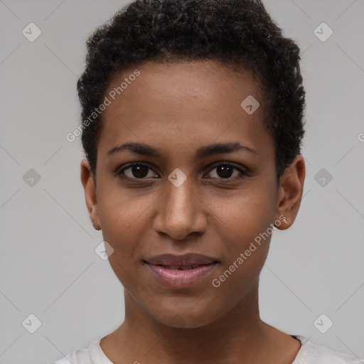 Joyful black young-adult female with short  brown hair and brown eyes