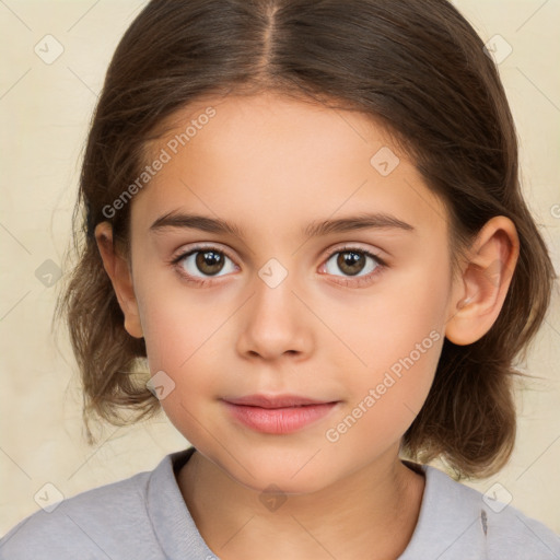 Joyful white child female with medium  brown hair and brown eyes