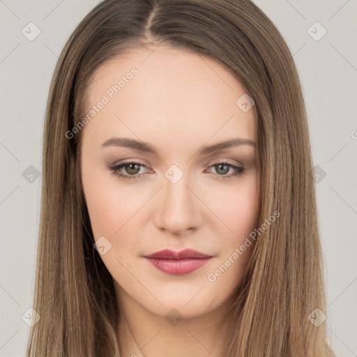 Neutral white young-adult female with long  brown hair and brown eyes