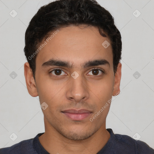 Neutral latino young-adult male with short  brown hair and brown eyes