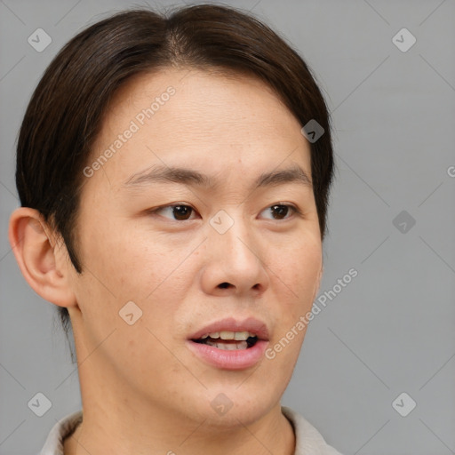 Neutral asian young-adult male with short  brown hair and brown eyes