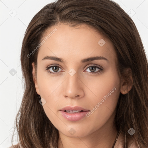 Neutral white young-adult female with long  brown hair and brown eyes