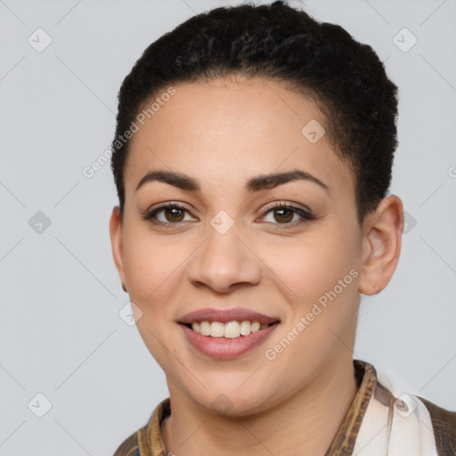 Joyful latino young-adult female with short  brown hair and brown eyes