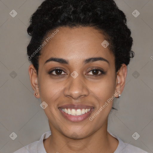 Joyful latino young-adult female with short  black hair and brown eyes