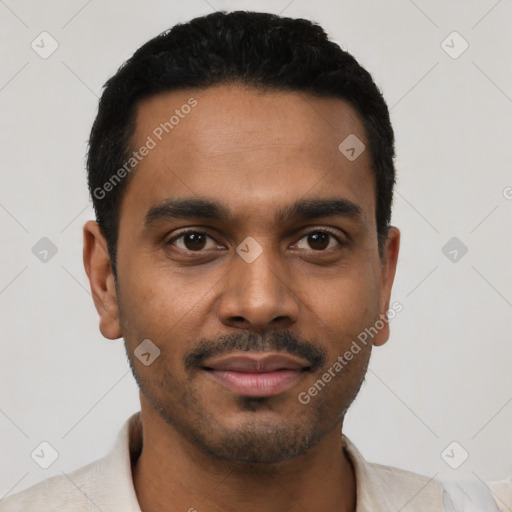 Neutral latino young-adult male with short  black hair and brown eyes