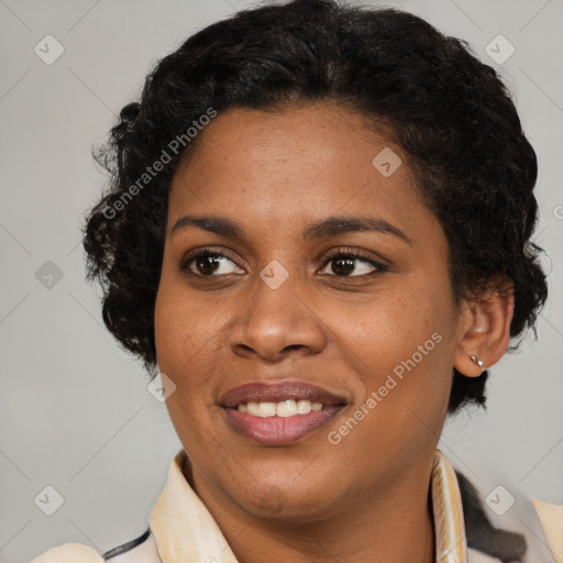 Joyful black young-adult female with medium  brown hair and brown eyes