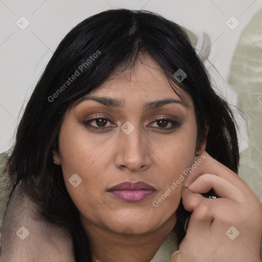 Joyful asian young-adult female with medium  black hair and brown eyes