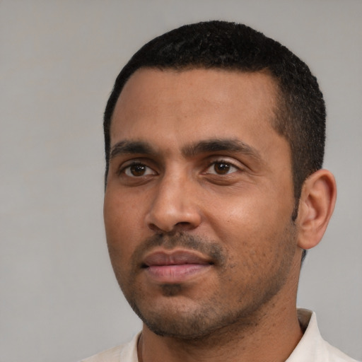 Neutral latino young-adult male with short  black hair and brown eyes