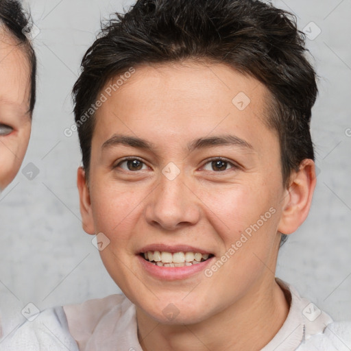 Joyful white young-adult female with short  brown hair and brown eyes